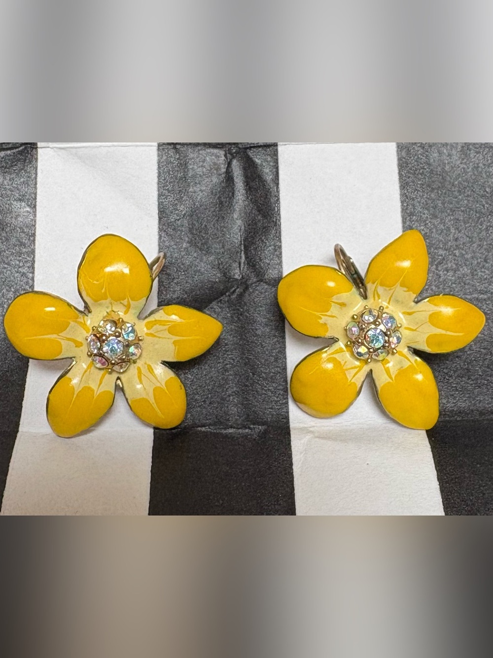 Yellow Enamel Flower Earrings with Rhinestone Center
